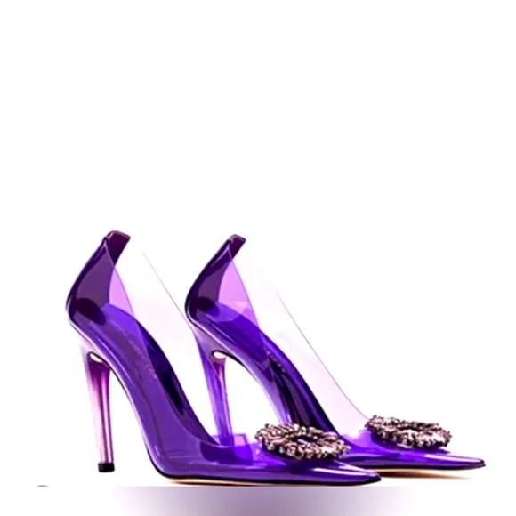 GOOD AMERICAN NWT, DUST BAG,PURPLE POINTED TOE 4”heels rhinestone toe bedazzled - Picture 2 of 5